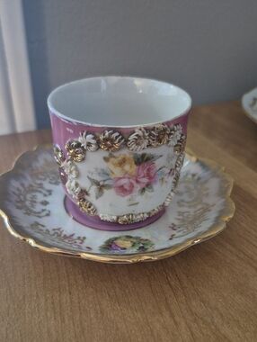 Vintage Floral Decorative Porcelain Cup and Saucer - Pink & Gold